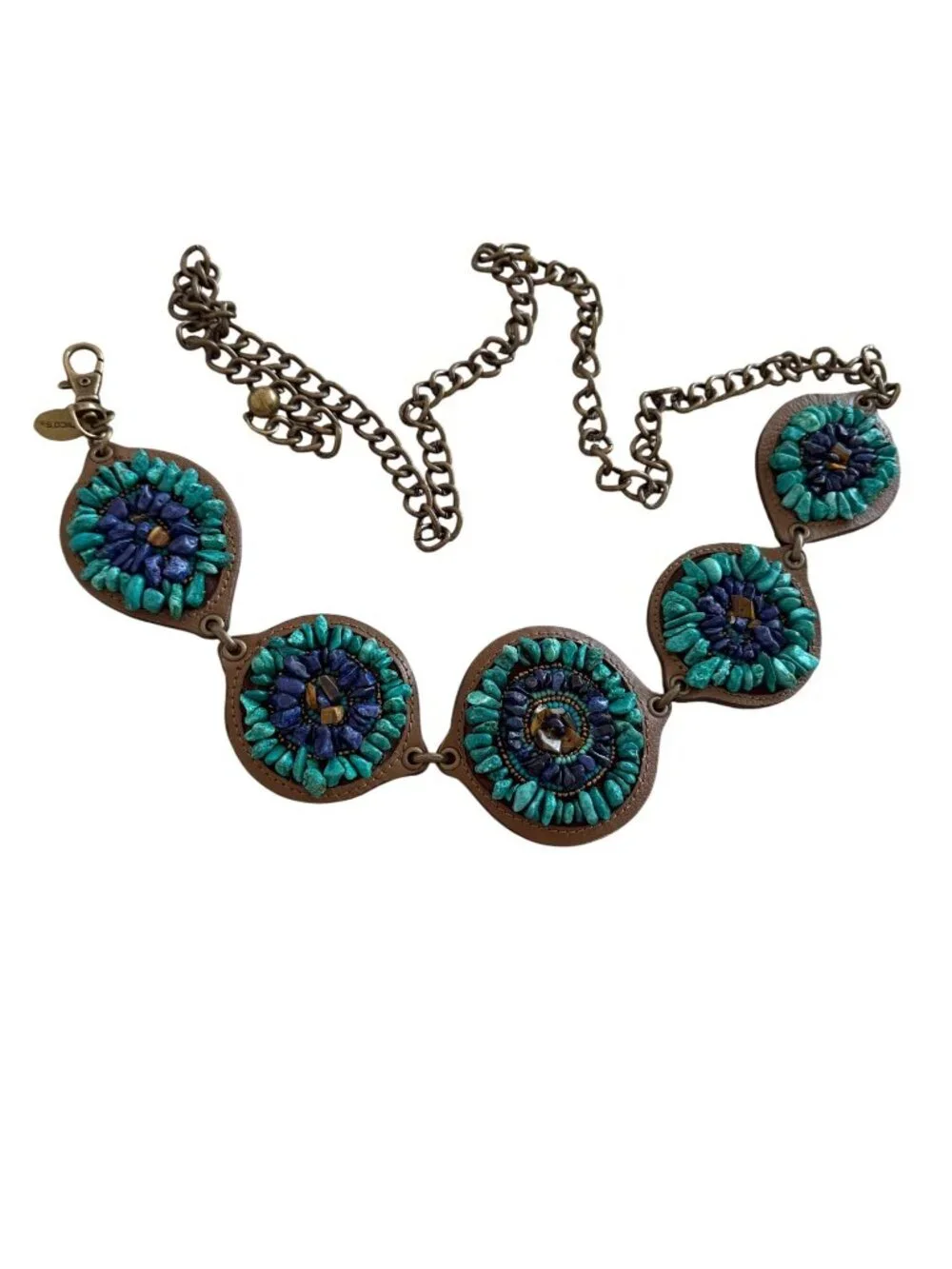 Chicos Womens Beaded Stone Medallion Chain Belt One Size Blue Southwestern